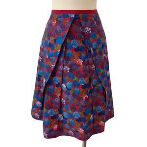 Marc Jacobs Pleated Cotton Knee Length A-Line Skirt Abstract Floral Blue Red 0